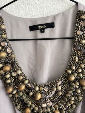 Black Scoop Neck Top with Intricate Beaded Collar - Neutral Taupe